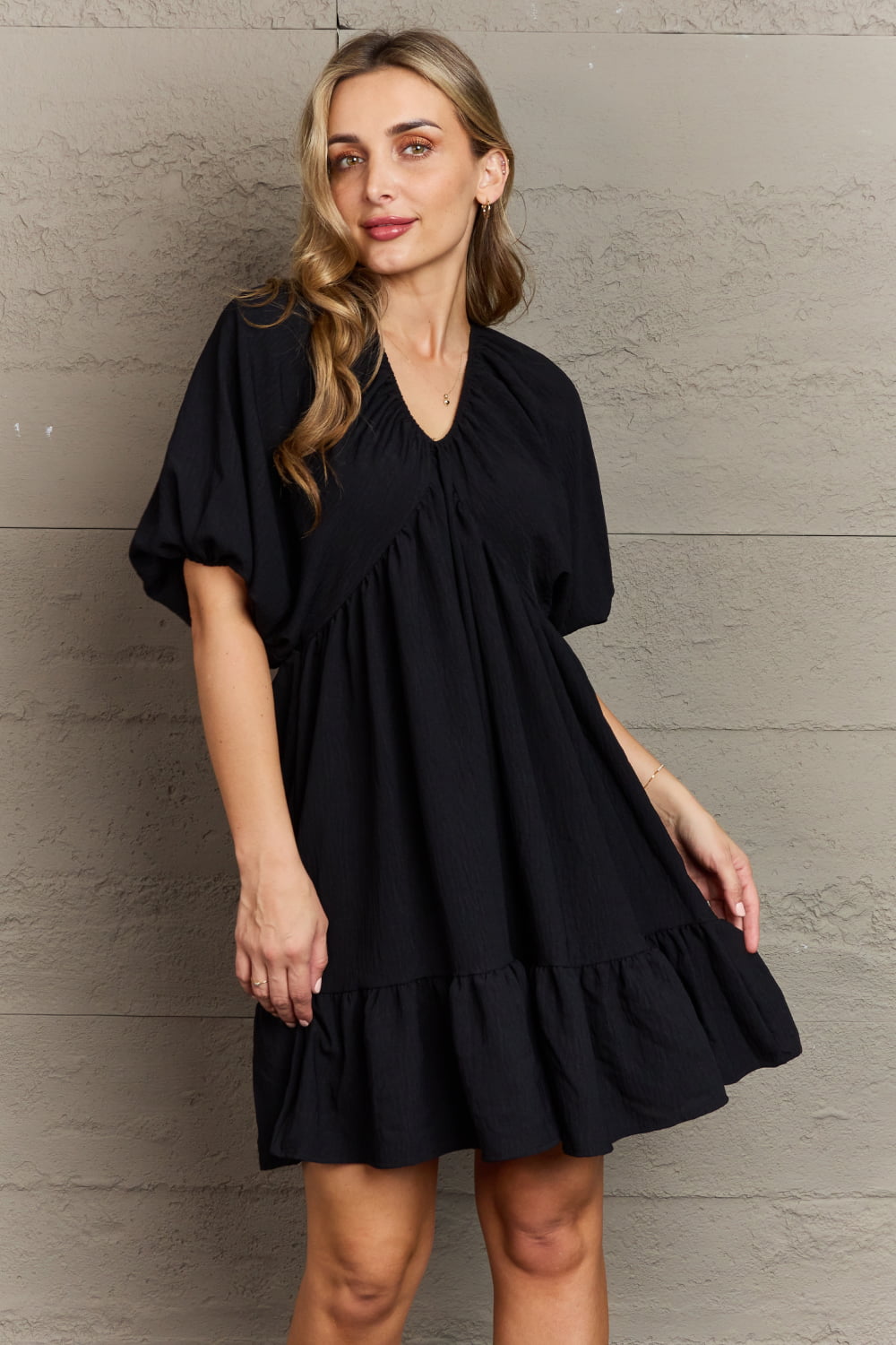 Hailey & Co Comfort Cutie Double V-Neck Puff Sleeve Mini Dress Luvéillé