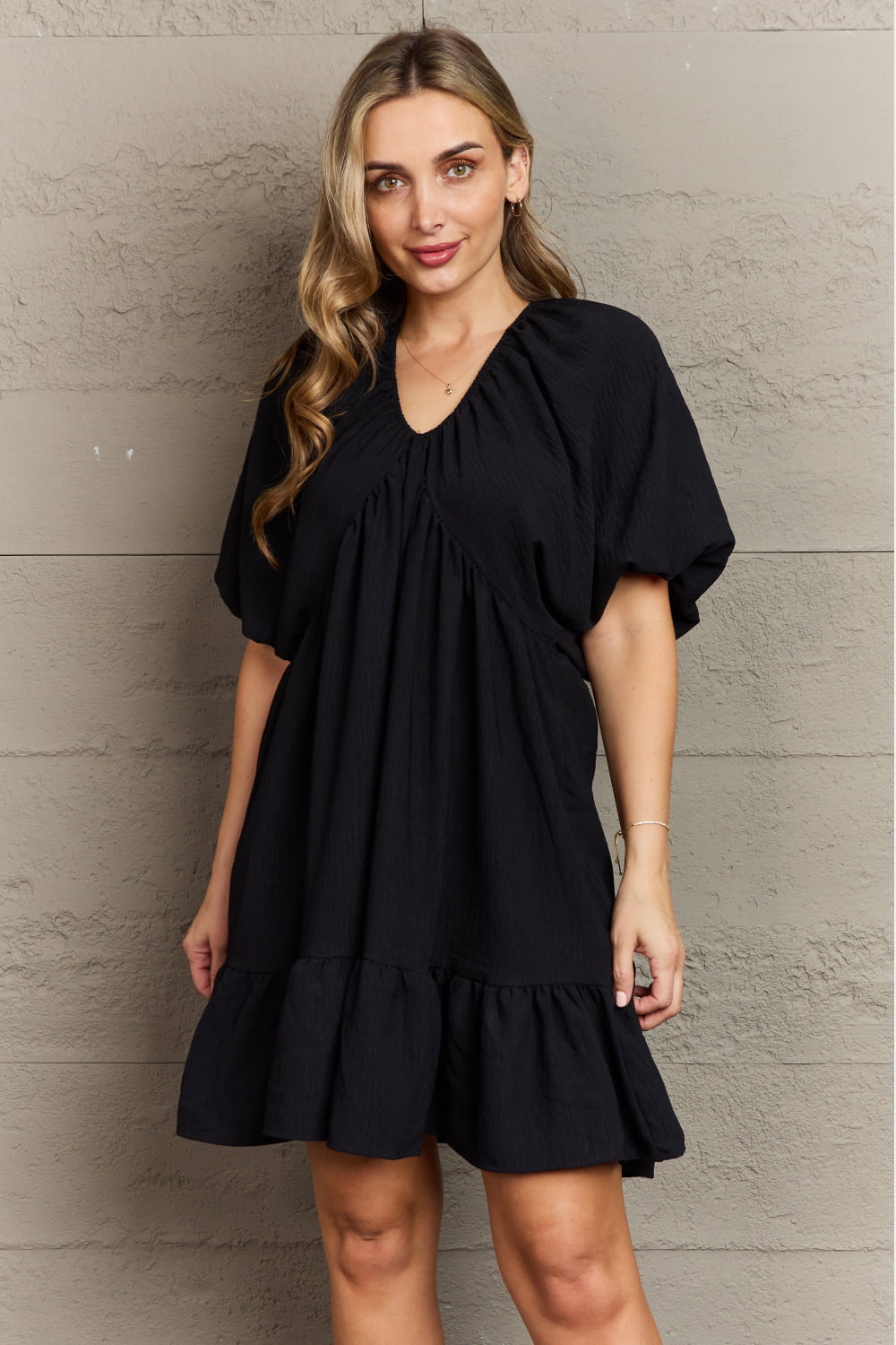 Hailey & Co Comfort Cutie Double V-Neck Puff Sleeve Mini Dress Luvéillé