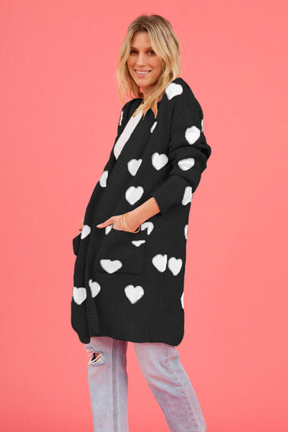 Heart Graphic Open Front Cardigan with Pockets Luvéillé