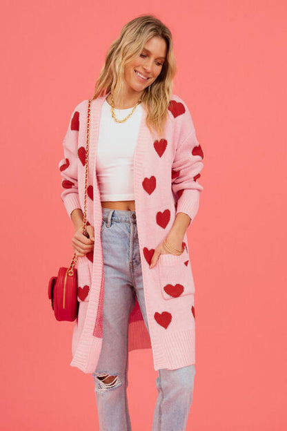 Heart Graphic Open Front Cardigan with Pockets Luvéillé