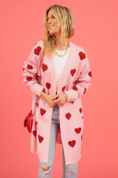 Heart Graphic Open Front Cardigan with Pockets Luvéillé