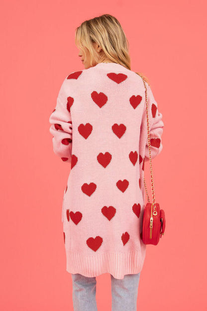 Heart Graphic Open Front Cardigan with Pockets Luvéillé