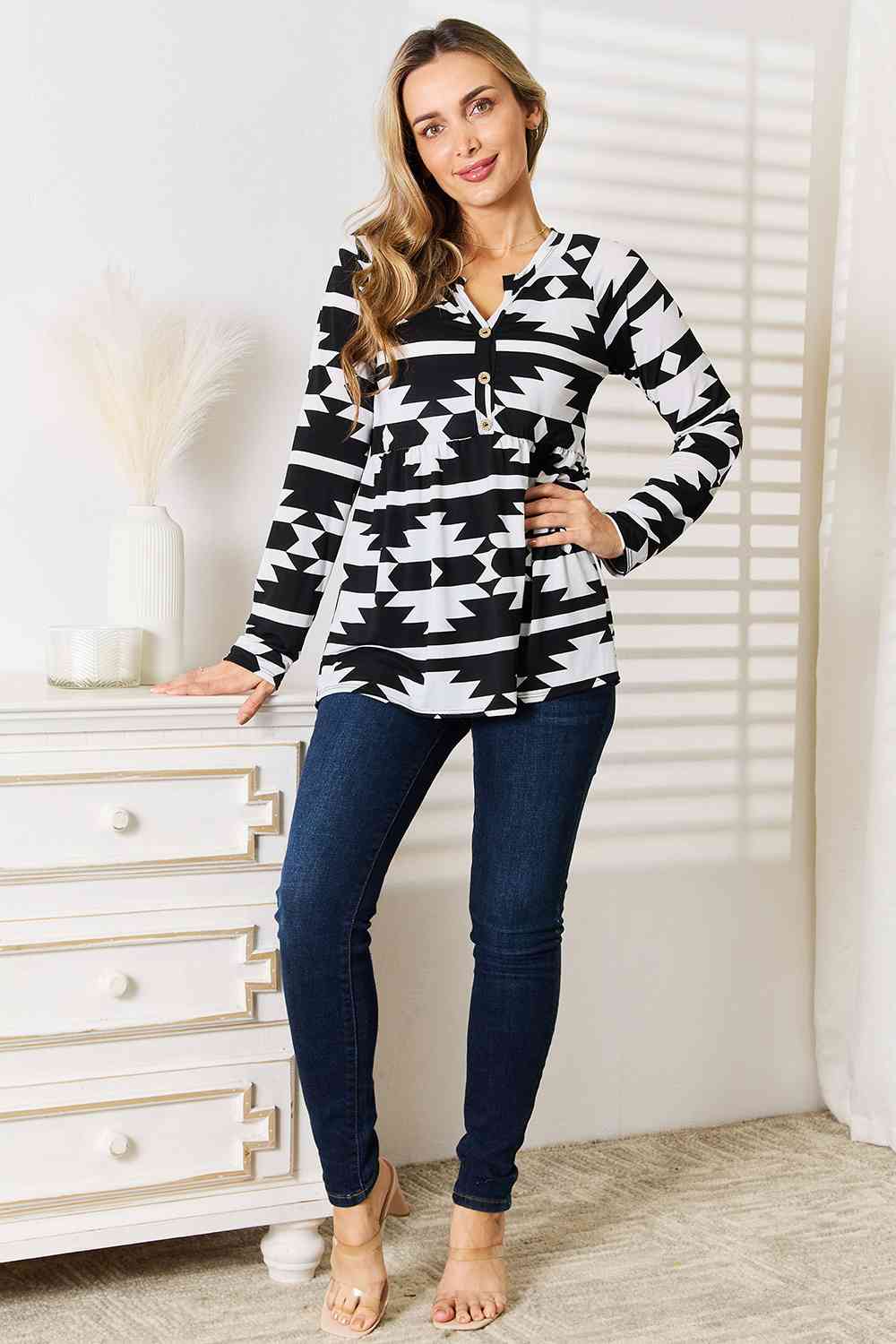 Heimish Full Size Geometric Notched Neck Long Sleeve Top Luvéillé
