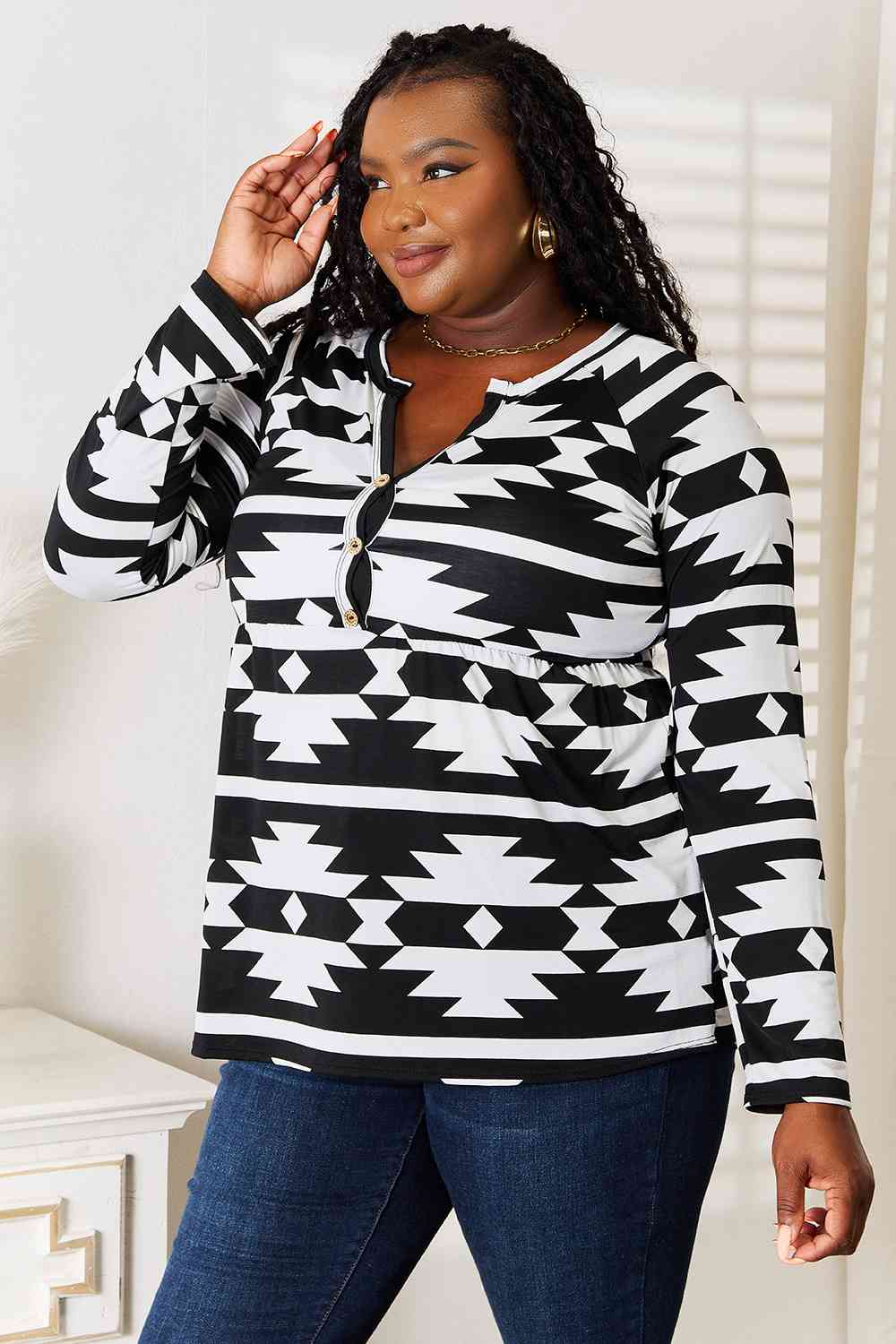 Heimish Full Size Geometric Notched Neck Long Sleeve Top Luvéillé