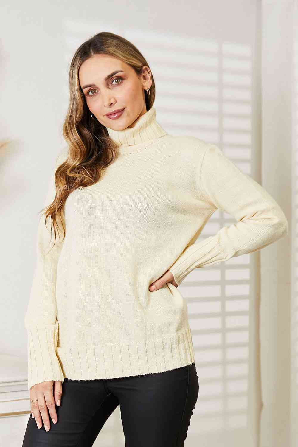 Heimish Full Size Long Sleeve Turtleneck Sweater with Side Slit Luvéillé