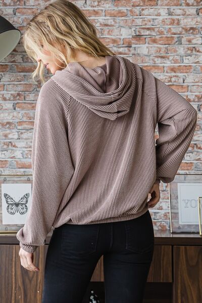 Heimish Full Size Ribbed Drawstring Kangaroo Pocket Hoodie Luvéillé