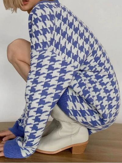 Houndstooth Button Up Long Sleeve Cardigan Luvéillé