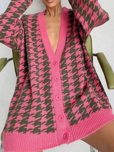Houndstooth Button Up Long Sleeve Cardigan Luvéillé