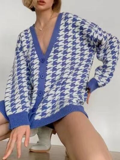 Houndstooth Button Up Long Sleeve Cardigan Luvéillé