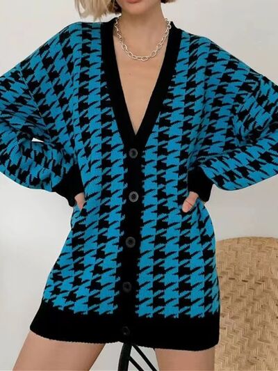Houndstooth Button Up Long Sleeve Cardigan Luvéillé