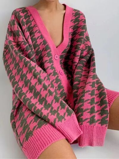 Houndstooth Button Up Long Sleeve Cardigan Luvéillé