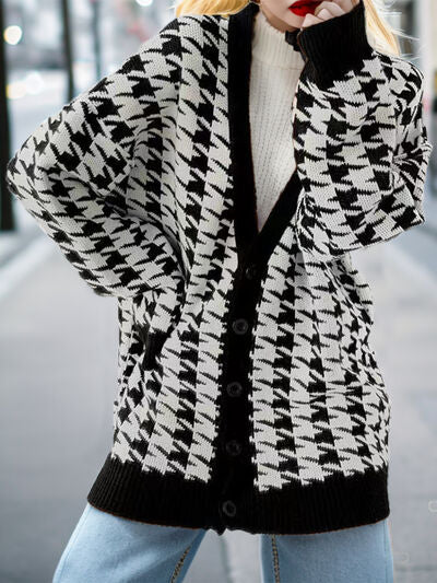 Houndstooth Button Up Long Sleeve Cardigan Luvéillé