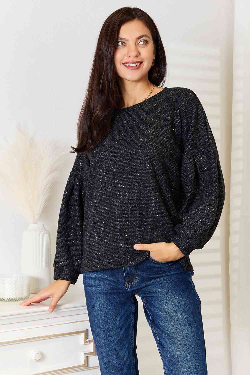 Jade By Jane Full Size Boat Neck Glitter Long Sleeve Top Luvéillé
