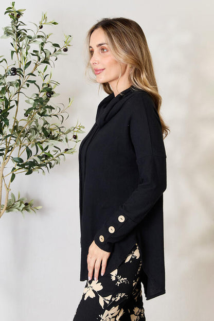 Jade By Jane Full Size Drawstring Cowl Neck Long Sleeve Blouse Luvéillé