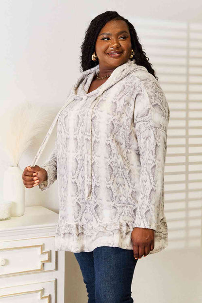 Jade By Jane Full Size Snakeskin Print Ruffle Hem Hoodie Luvéillé