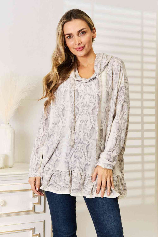 Jade By Jane Full Size Snakeskin Print Ruffle Hem Hoodie Luvéillé