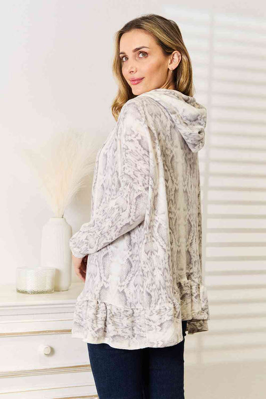 Jade By Jane Full Size Snakeskin Print Ruffle Hem Hoodie Luvéillé