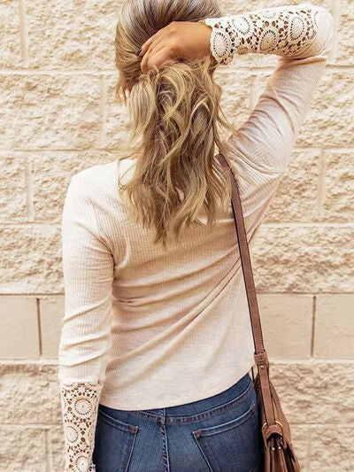 Lace Detail Half Button Long Sleve Knit Top Luvéillé