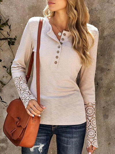 Lace Detail Half Button Long Sleve Knit Top Luvéillé