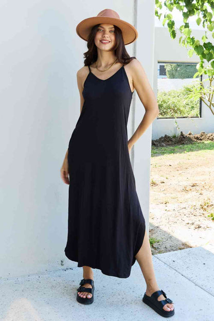 Ninexis Good Energy Full Size Cami Side Slit Maxi Dress in Black Luvéillé