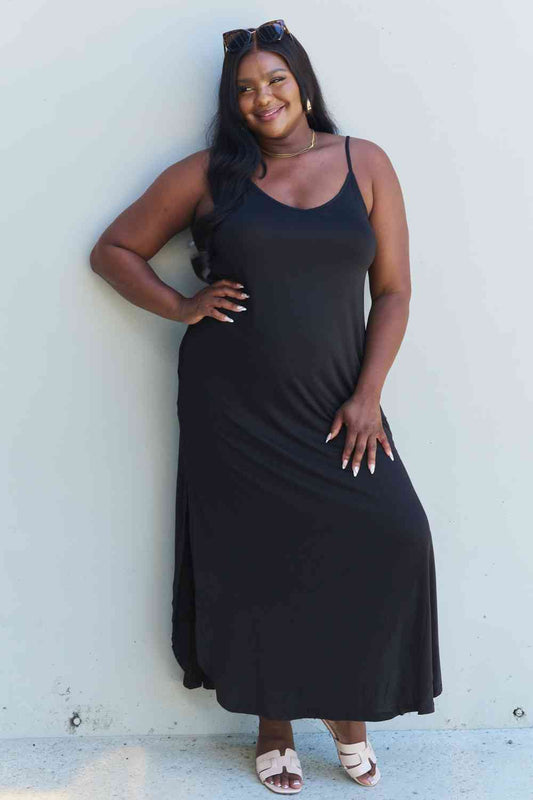 Ninexis Good Energy Full Size Cami Side Slit Maxi Dress in Black Luvéillé