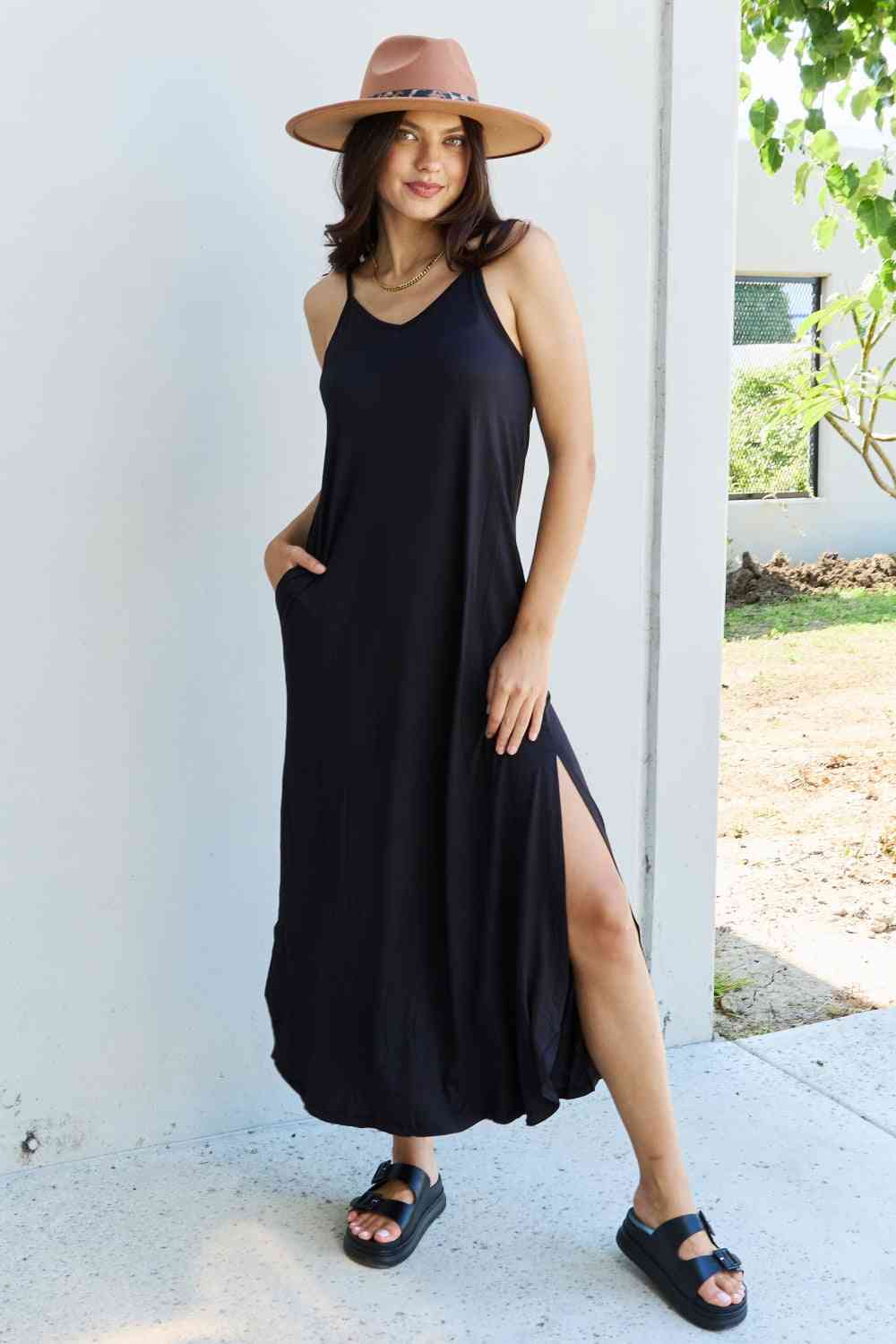 Ninexis Good Energy Full Size Cami Side Slit Maxi Dress in Black Luvéillé
