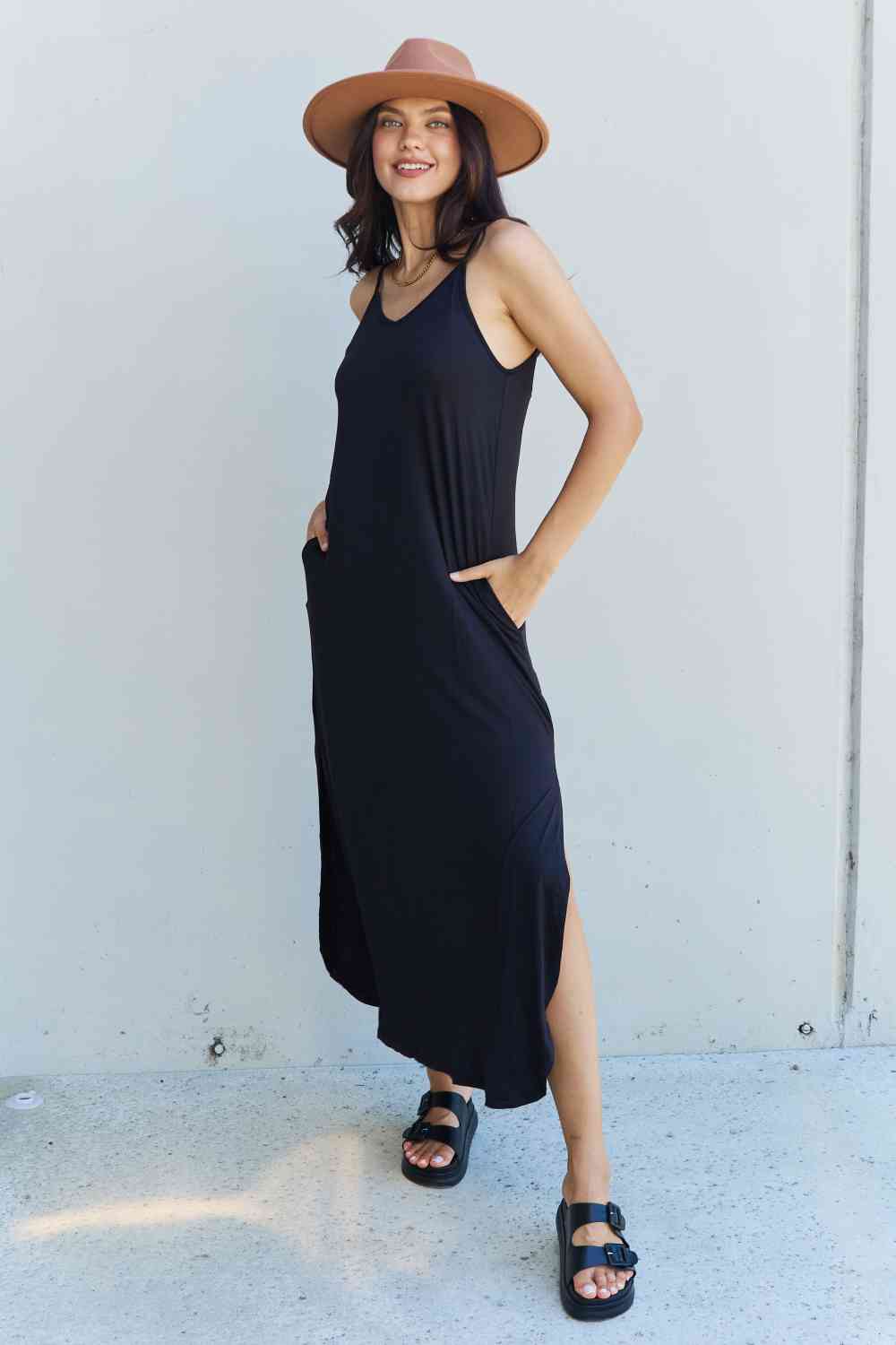 Ninexis Good Energy Full Size Cami Side Slit Maxi Dress in Black Luvéillé
