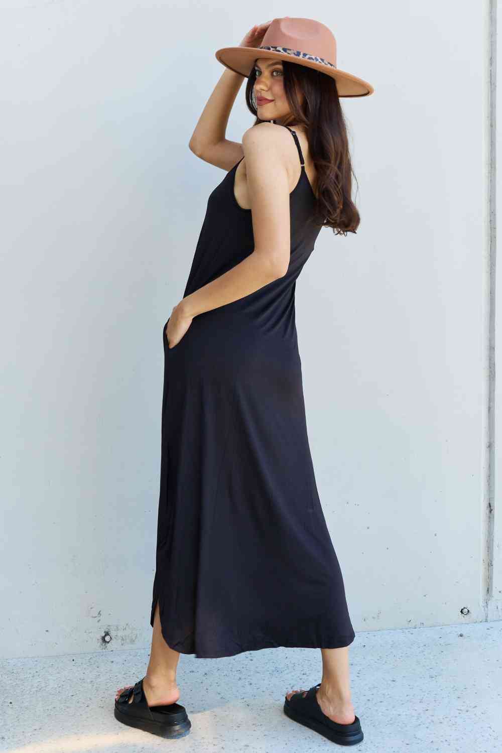 Ninexis Good Energy Full Size Cami Side Slit Maxi Dress in Black Luvéillé