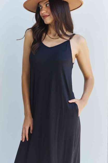 Ninexis Good Energy Full Size Cami Side Slit Maxi Dress in Black Luvéillé