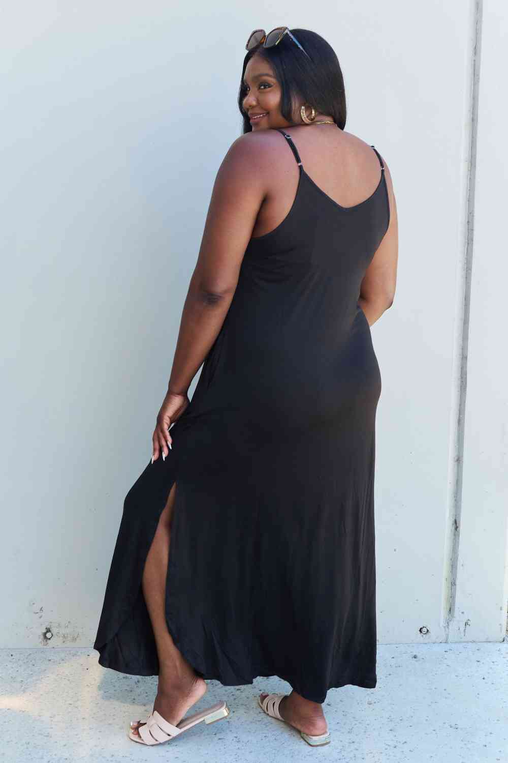 Ninexis Good Energy Full Size Cami Side Slit Maxi Dress in Black Luvéillé