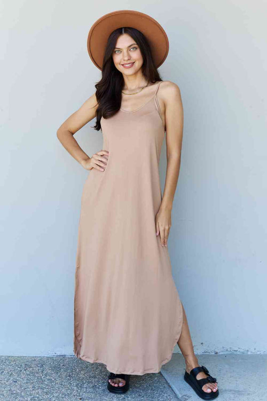 Ninexis Good Energy Full Size Cami Side Slit Maxi Dress in Camel Luvéillé
