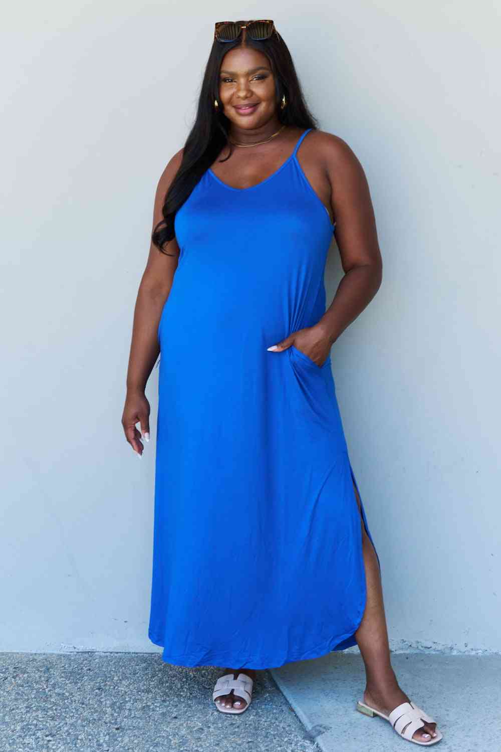 Ninexis Good Energy Full Size Cami Side Slit Maxi Dress in Royal Blue Luvéillé