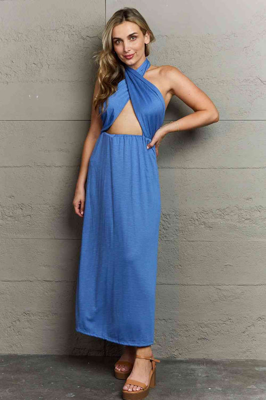 Ninexis Know Your Worth Criss Cross Halter Neck Maxi Dress Luvéillé