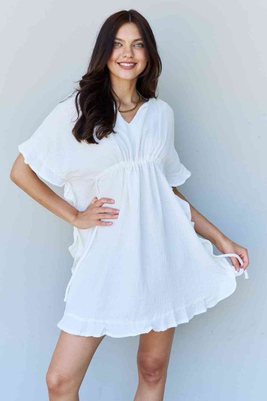 Ninexis Out Of Time Full Size Ruffle Hem Dress with Drawstring Waistband in White Luvéillé