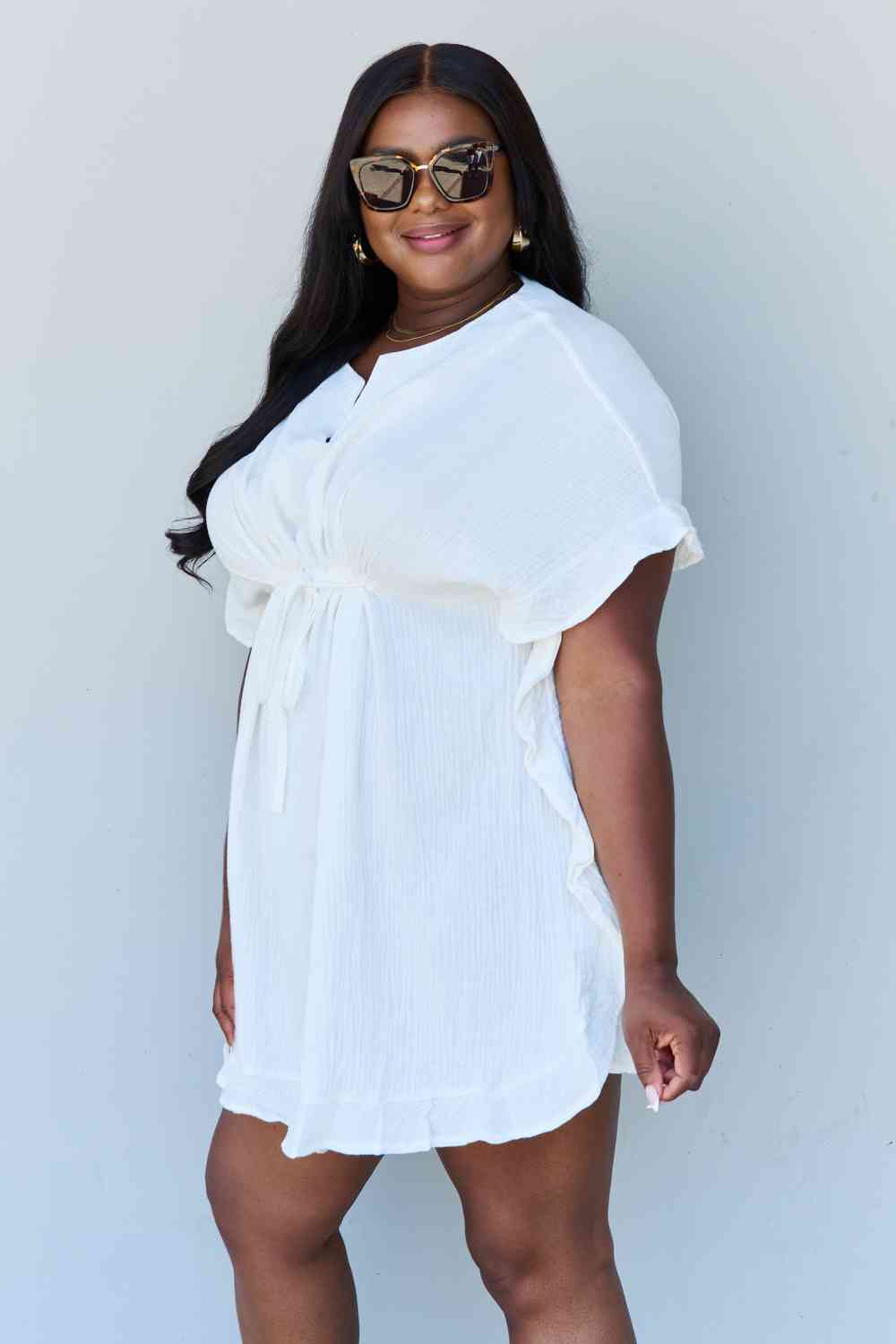 Ninexis Out Of Time Full Size Ruffle Hem Dress with Drawstring Waistband in White Luvéillé