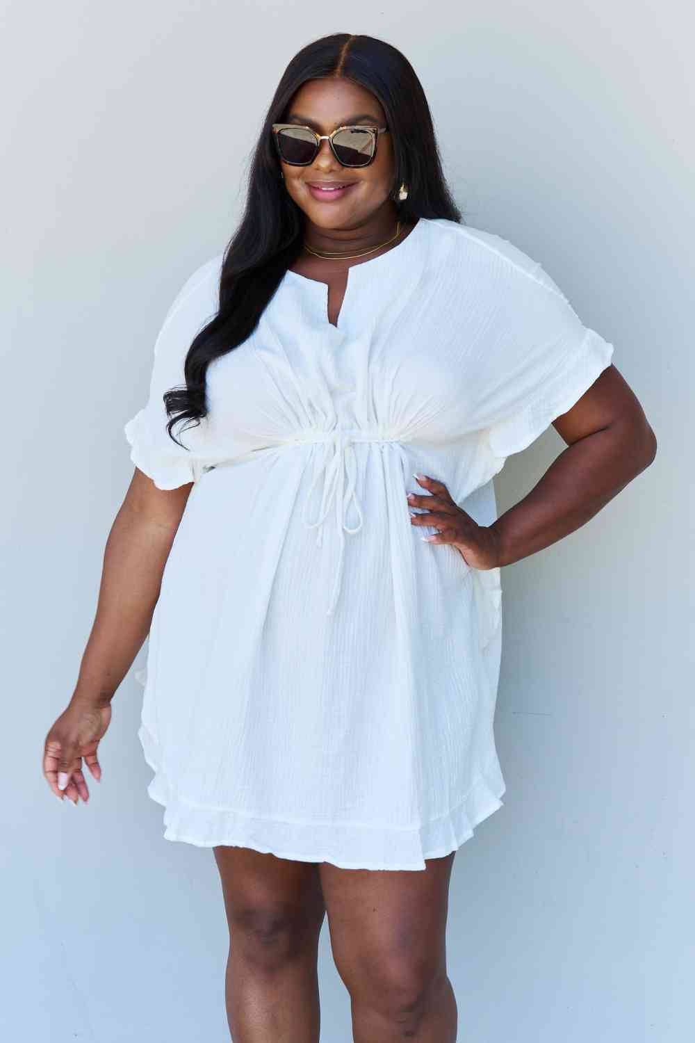 Ninexis Out Of Time Full Size Ruffle Hem Dress with Drawstring Waistband in White Luvéillé