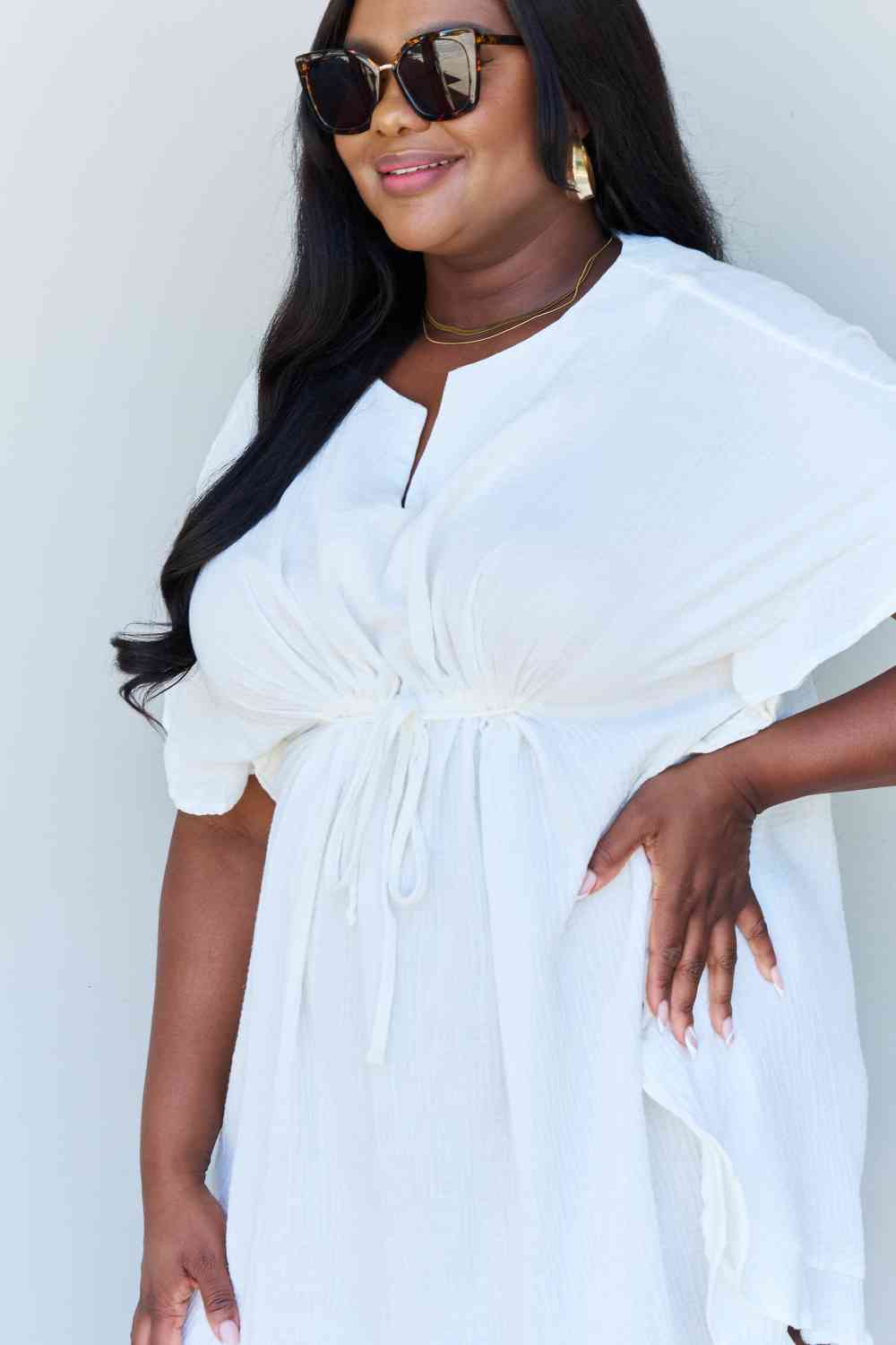Ninexis Out Of Time Full Size Ruffle Hem Dress with Drawstring Waistband in White Luvéillé