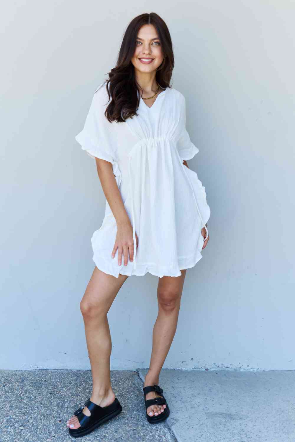 Ninexis Out Of Time Full Size Ruffle Hem Dress with Drawstring Waistband in White Luvéillé