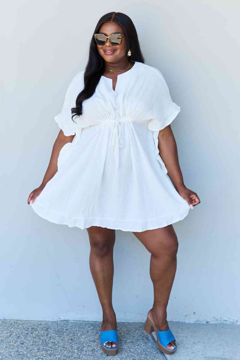 Ninexis Out Of Time Full Size Ruffle Hem Dress with Drawstring Waistband in White Luvéillé