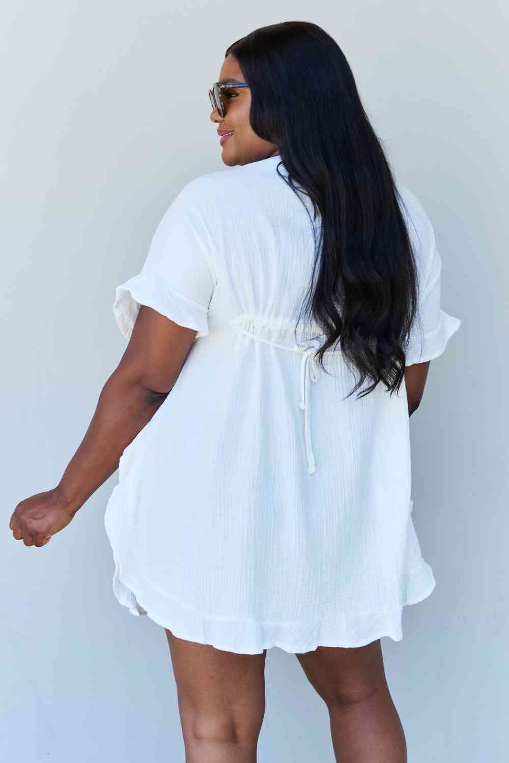 Ninexis Out Of Time Full Size Ruffle Hem Dress with Drawstring Waistband in White Luvéillé