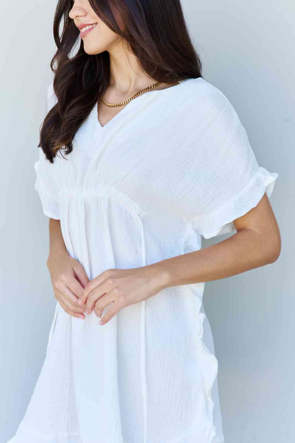 Ninexis Out Of Time Full Size Ruffle Hem Dress with Drawstring Waistband in White Luvéillé
