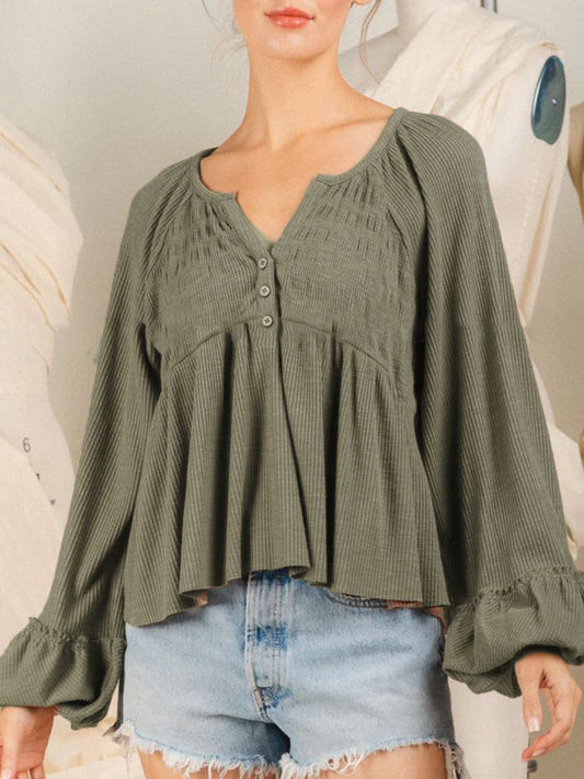 Notched Balloon Sleeve Peplum Blouse Luvéillé