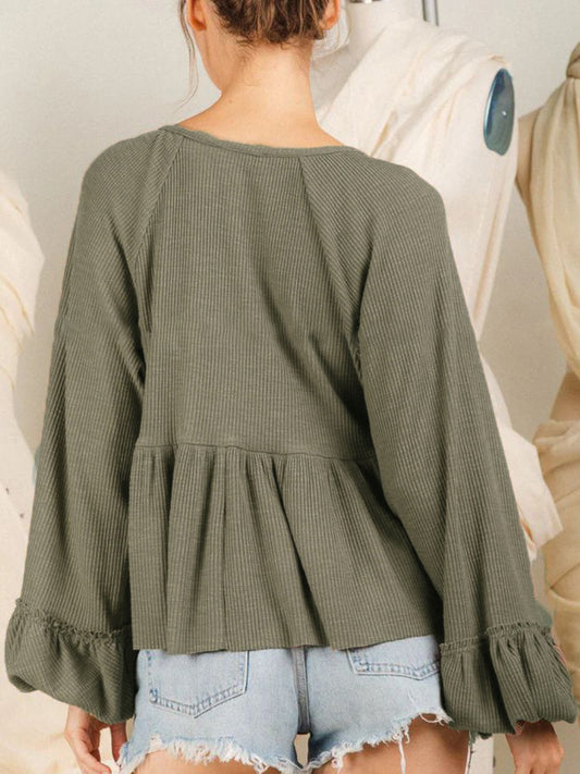 Notched Balloon Sleeve Peplum Blouse Luvéillé