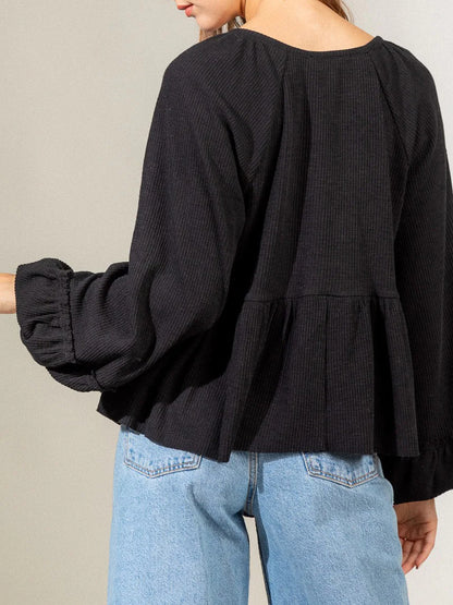 Notched Balloon Sleeve Peplum Blouse Luvéillé
