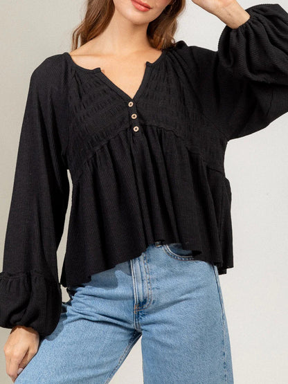 Notched Balloon Sleeve Peplum Blouse Luvéillé