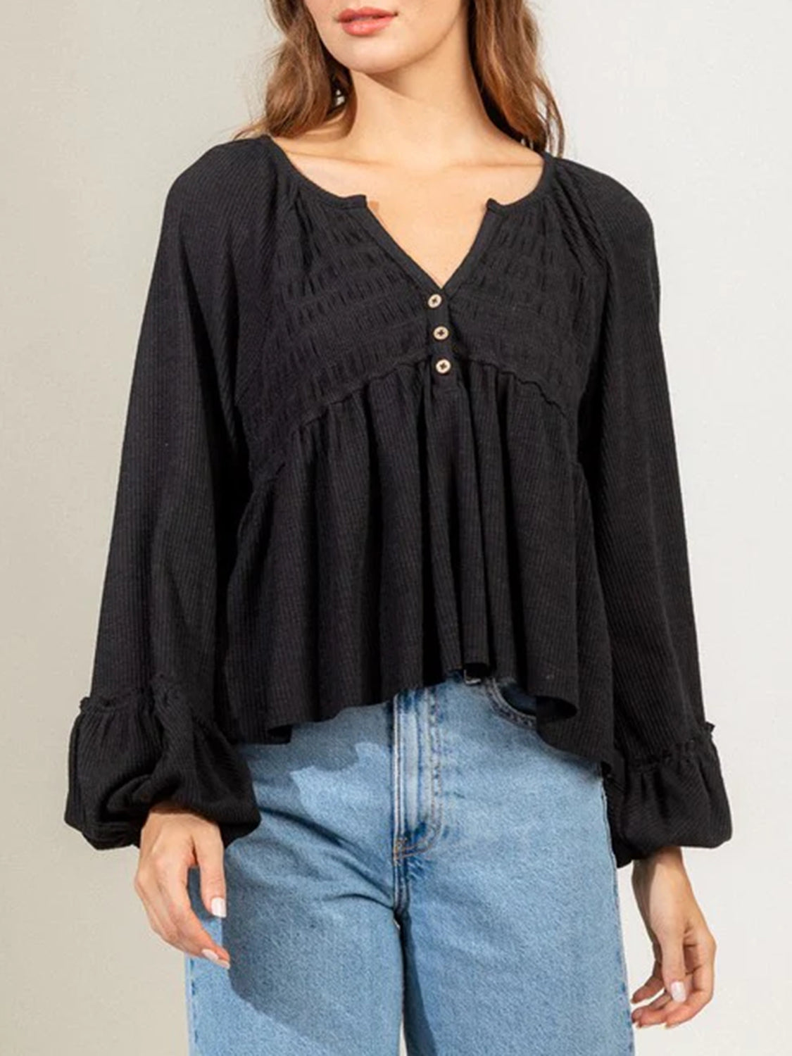 Notched Balloon Sleeve Peplum Blouse Luvéillé