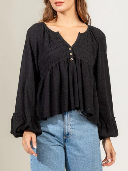 Notched Balloon Sleeve Peplum Blouse Luvéillé