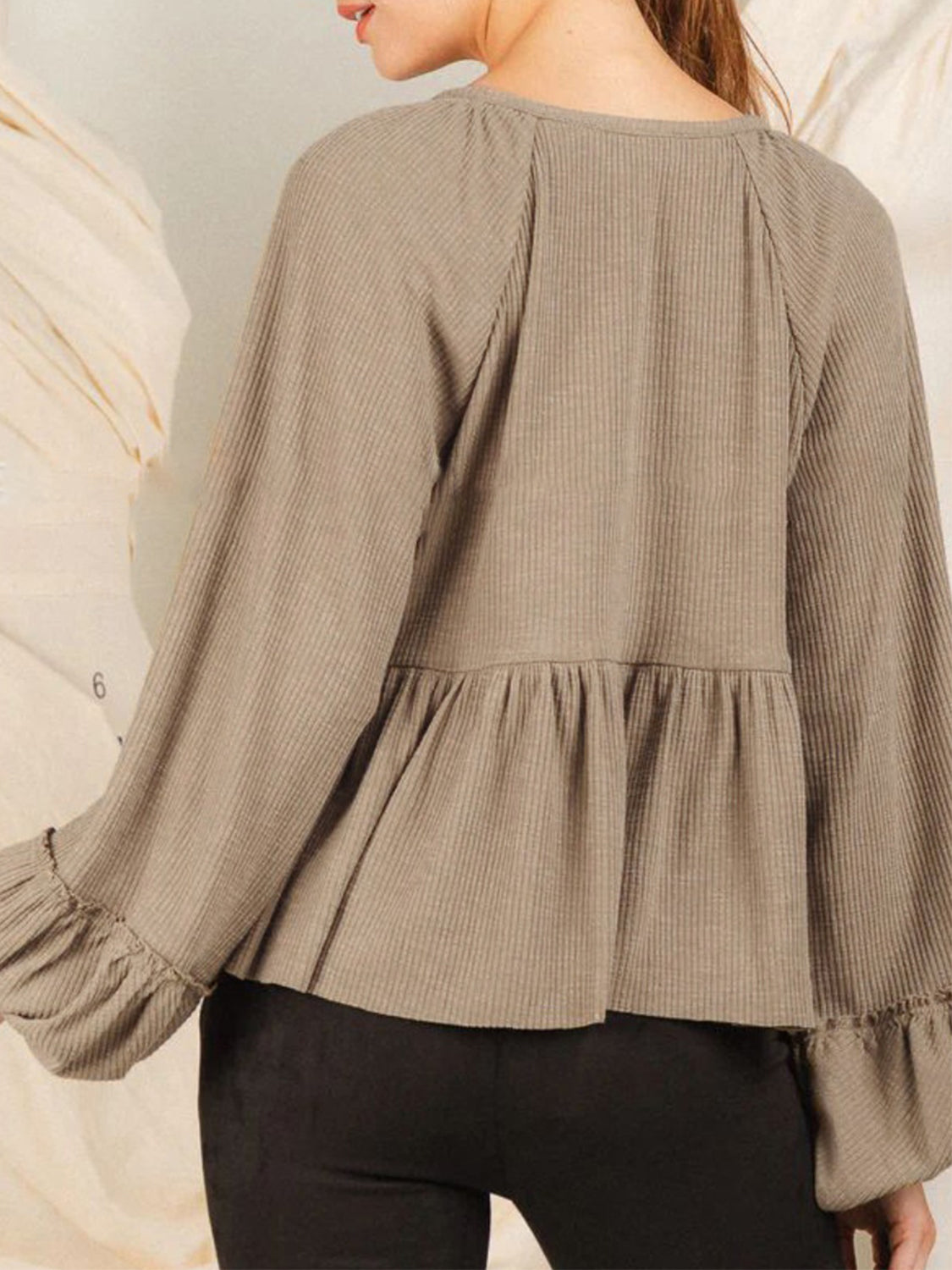 Notched Balloon Sleeve Peplum Blouse Luvéillé