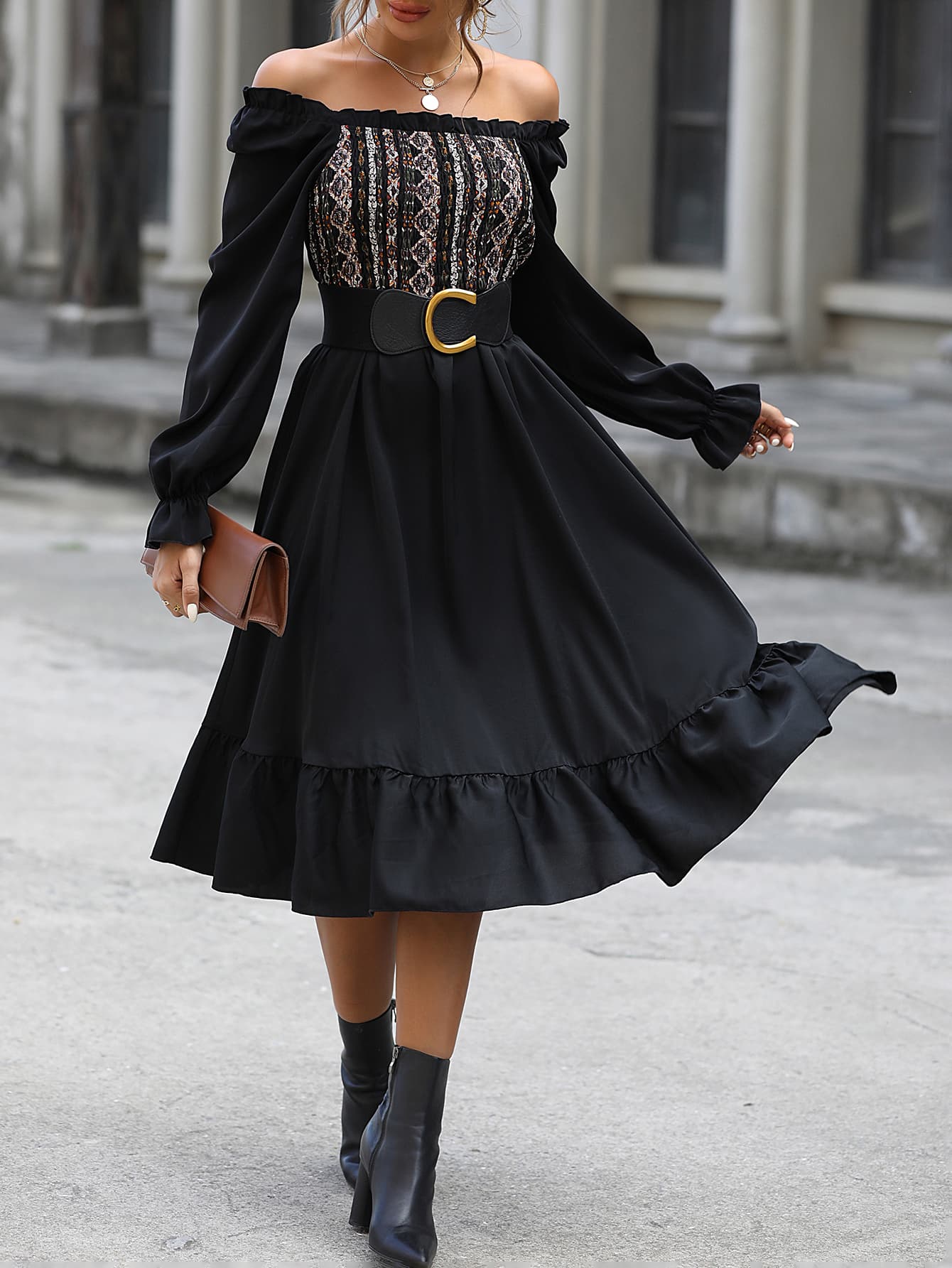 Off Shoulder Printed Flounce Sleeve Midi Dress Luvéillé