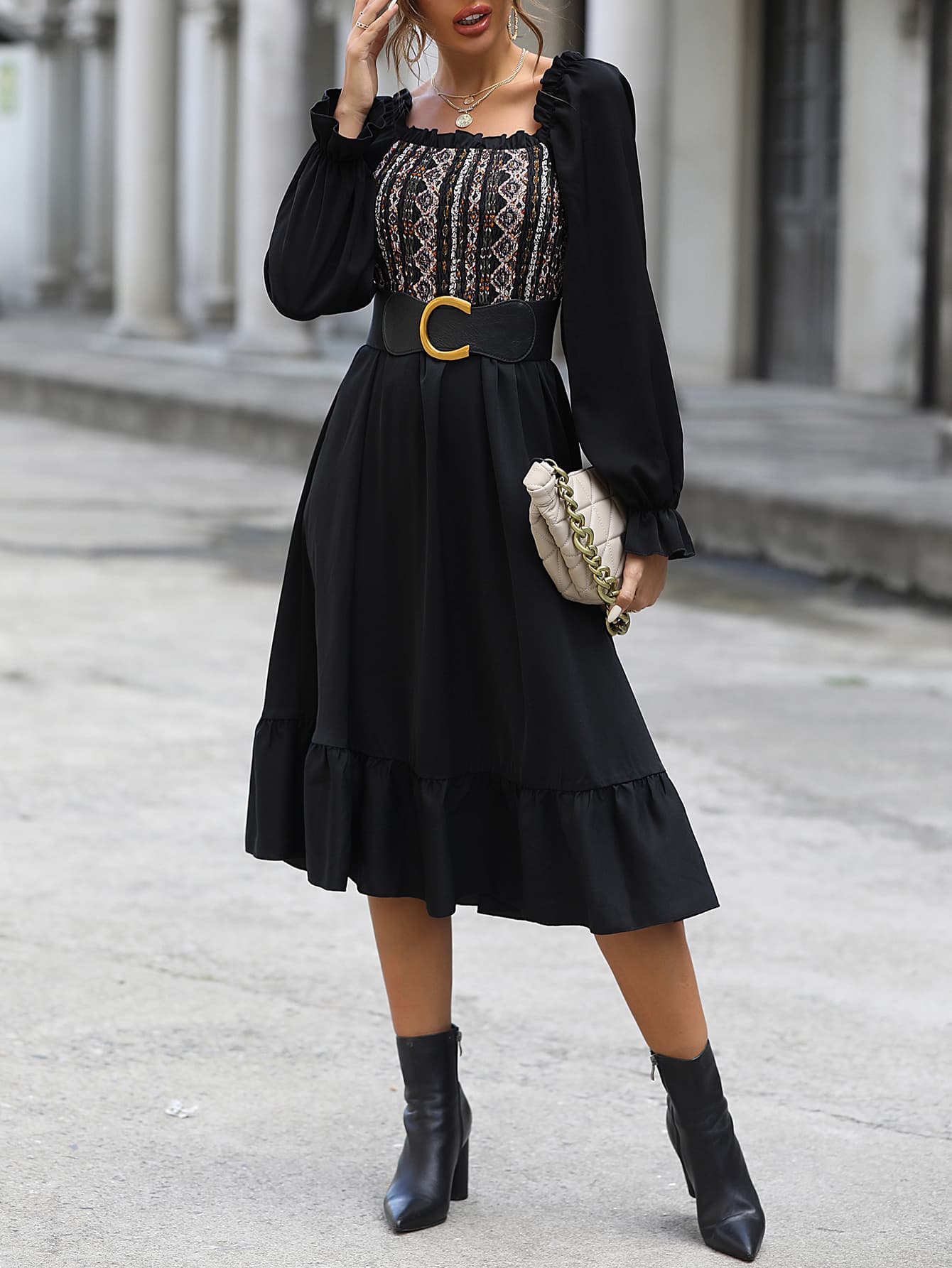 Off Shoulder Printed Flounce Sleeve Midi Dress Luvéillé